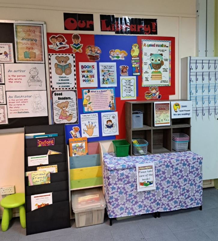 Colourful classroom reading corner promoting literacy and reading.